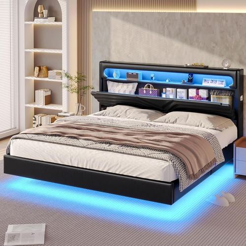 Base De Cama King Size C/ Cabecera Con Luz Led & Usb Black