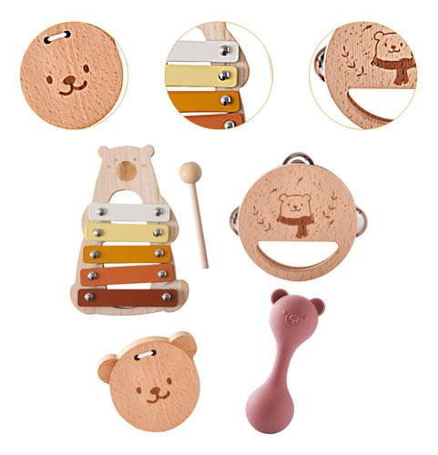 5 Piezas Juguetes De Madera Para Conjunto De Maracas Rosas