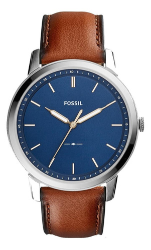 Relógio de pulso Fossil The minimalist com corria de couro cor marrom - fondo azul - bisel prata