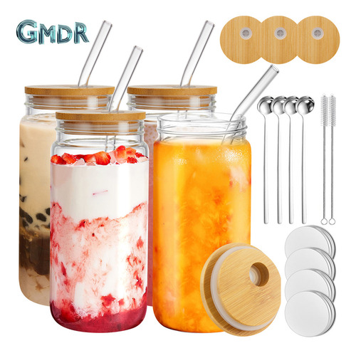 Vaso De Vidrio Con Tapas Y Popote Bambú Y Pajita Cuchara Tapa De Aluminio16oz 4 Pcs