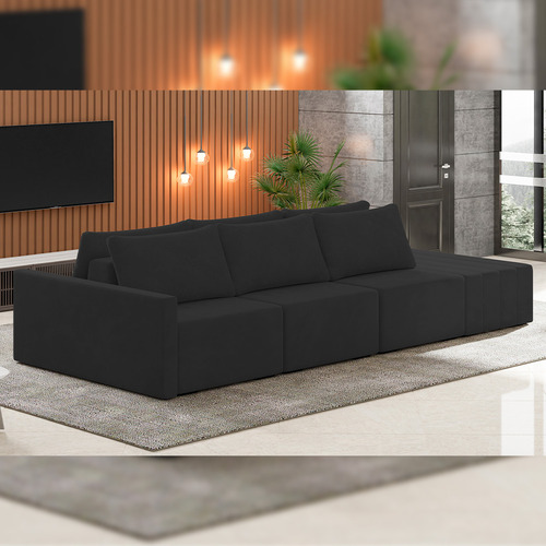 Sofá Ilha Modular Para Sala 342cm com Puff Dublin K01 Veludo Preto