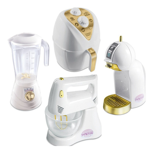 Cozinha Infantil 4 Eletrodomésticos Coleção Princesa Cor Branco e Dourado