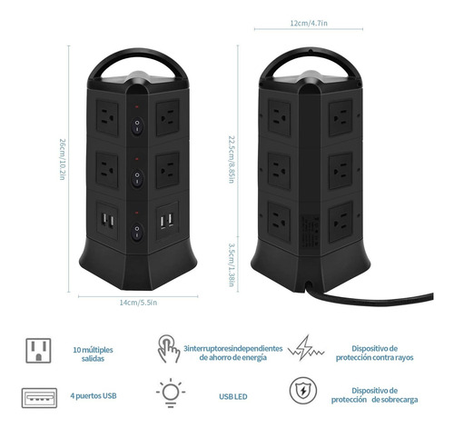 Regleta Multicontactos Hub De Alimentacion Con Usb De Torre