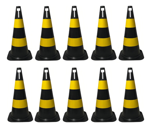 Kit 10 Cones De Sinalização Pvc 50cm Preto E Amarelo