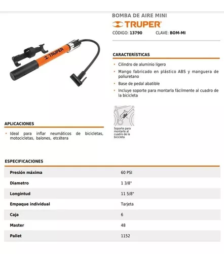 Mini Bomba Manual Para Bicicleta 60 PSI TRUPER