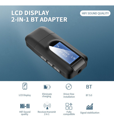 Transmisor Receptor De Audio T11 Bt 5.0 C/pantalla Lcd 3.5mm