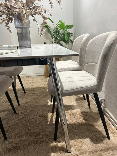 Juego Comedor Bulnes Neolith Cromo 180 + 6 Sillas Panama Beige Chenille
