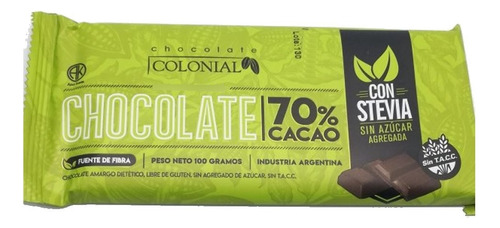 Chocolate Barra 70% Cacao Con Stevia Sin Tacc Colonial 100g