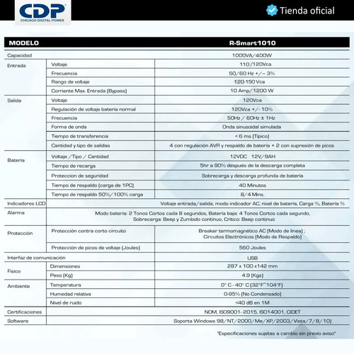 Imagen 3 de 5 de Cdp R-smart 1010, Ups Interactiva 1000va/400w, 6 Tomas, Lcd