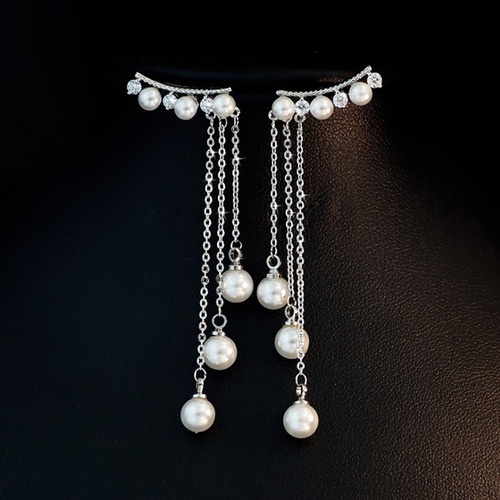 T 1par Pendientes Largos Perlas Borlas De Estilo Coreano