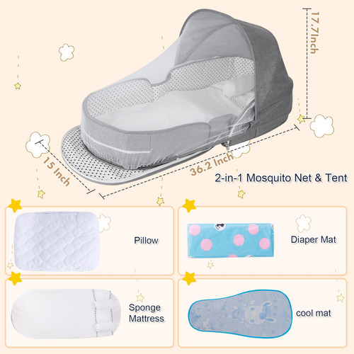 Cuna De Viaje Ligera Para Bebé Con Mosquitero Y Dosel Gris