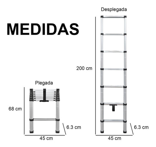 Imagen 4 de 7 de Escalera Telescopica De Aluminio De 2 Metros Portátil 150 K