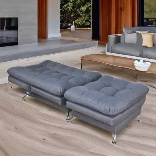 Sillón Con Taburete Futon Individual Sofa Cama Lino Hueso