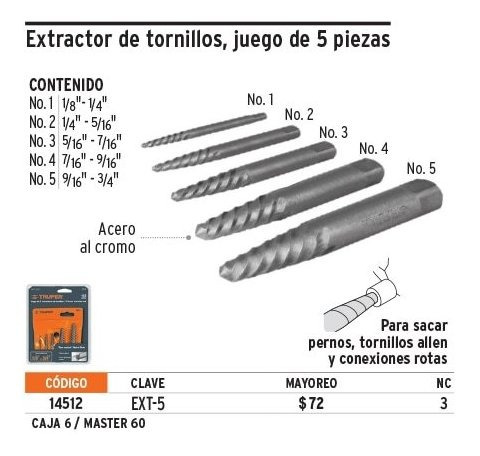 Juego Extractor De Tornillos X 5pzas 14512 Truper