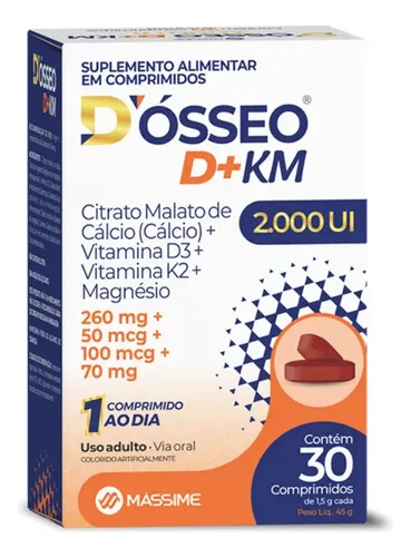Dosseo D + Km D3 K2 Magnésio Cálcio 2000ui 30cpr Massime Sem Sabo...