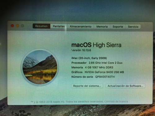 iMac 20 , 4gb Ram, Core 2 Duo 2.6 Ghz, Nvidia Geforce 9400 (Usado)