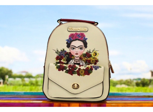 Mochila Frida Kahlo Para Mujer Backpack Beige Floreado