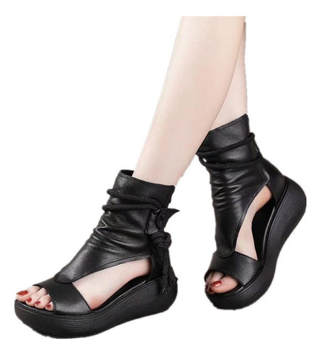 Zapatos Negro Sandalias Romanas Plataforma Dama De Cuña A