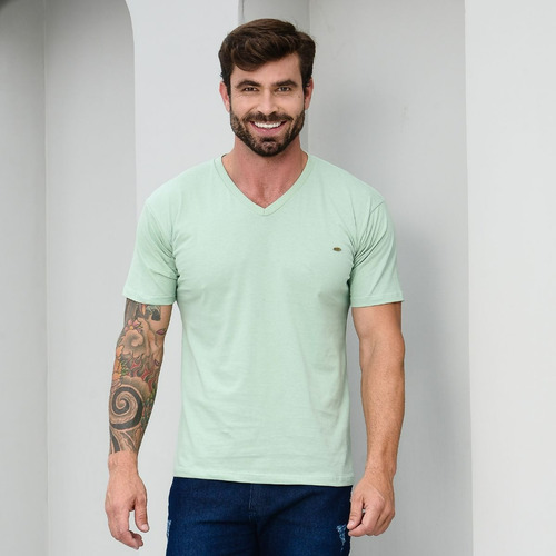 Camiseta Verde Claro Masculina Hot Verão Premium Gola V Lisa