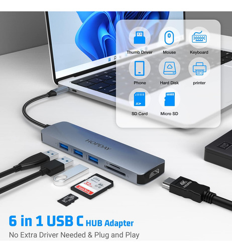 Hopday Usb C Hub 6 En 1, Adaptador Usb C De Doble Monitor Co