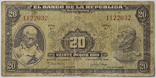 Billete 20 Pesos 01/ene/1945 Colombia Fine