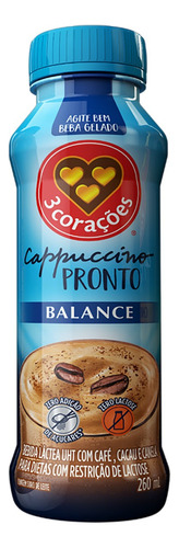 Bebida Leite UHT Cappuccino Zero Lactose 3 Corações Balance Garrafa 260ml