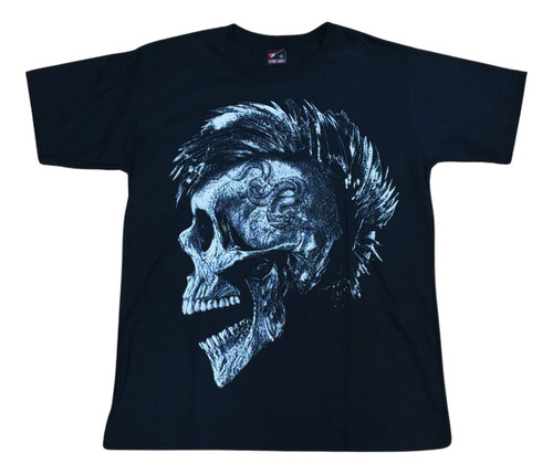 Camiseta Crânio Moicano Skull Caveira Motoclube Rock