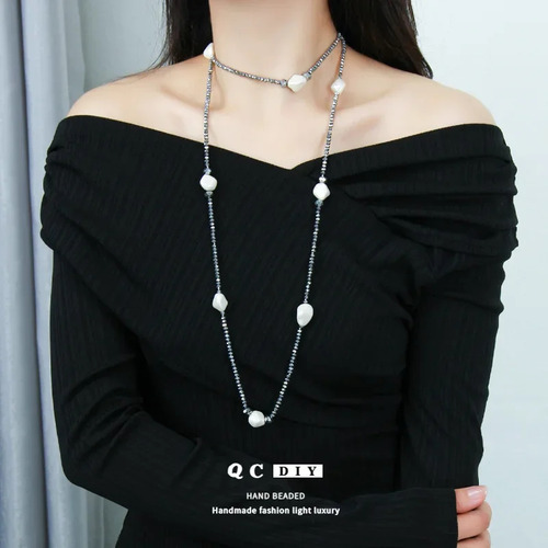 Collar Largo De Perlas Con Cuentas De Cristal Para Mujer