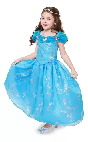 Fantasia Vestido Infantil Princesa Cinderela + Luvas + Coroa