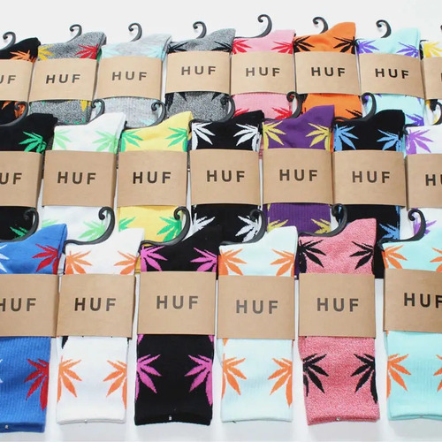 1 Par Calcetines Largos Huf Plantlife Unisex Skate Board Gym Gris Hoja Blanca Estampado Unitalla