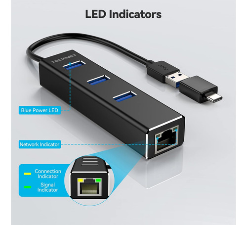 Adaptador Usb A Ethernet, 3 Puertos De Aluminio Usb 3.0 Hub