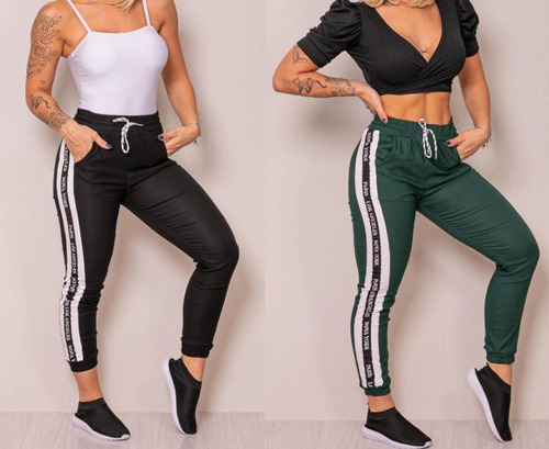 Imagem 5 de 8 de Kit 3 Calca Jogger Feminina Bengaline Faixa Lateral Cós Alto