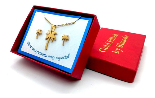 Imagen 3 de 4 de Juego Collar Y Aretes Diseño Palmera Chapa De Oro 22k M3132