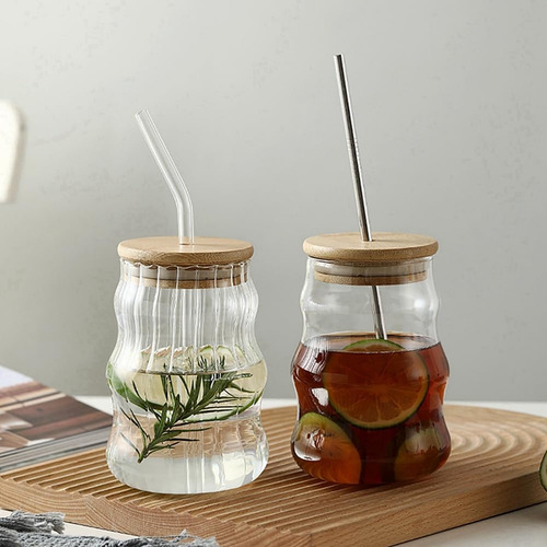 Vasos De Vidrio Acanalados Vawolecy Con Pajitas Y Tapas, 2 V