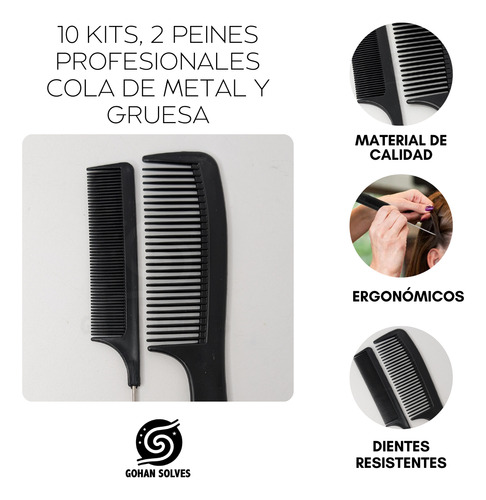 10 Kits De 2 Peines Cola Metálica Y Gruesa Sem Profesionales