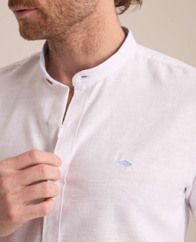 Camisa Porto Blanco Lino Blanca Cuello Mao- Estilo Moderno