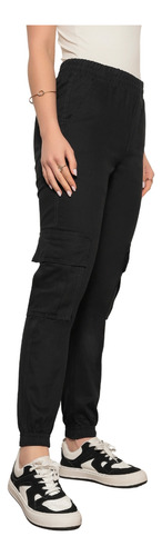 Calça Feminina Sarja Cargo Jogger Com Elástico Cintura