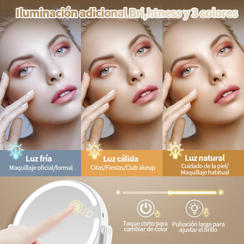 Espejo Maquillaje Led Doble Cara Portátil - 1x/10x Aumento, Retráctil, Luz