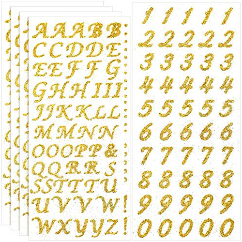 Stickers De Letras Y Numeros Dorados 1.5cm Con Gliter 5hojas