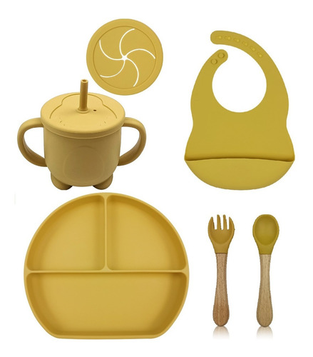 Set Alimentacion Bebe Silicona Completo Plato Triple Liso 