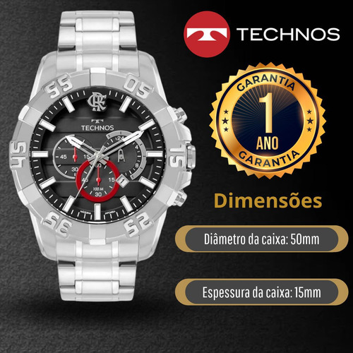 Relógio Technos Masculino Analógico Prata Esportivo Flamengo