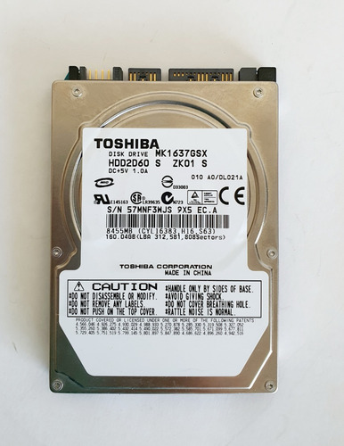 Disco Notebook 160gb Sata Toshiba Mk1637gsx 5400rpm 2,5