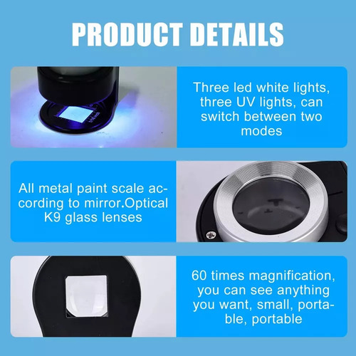 Lupa Recargable, Lupa De 60x Con 6 Luces Led Luz Uv