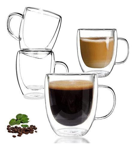 4 Tazas Café Doble Pared Vidrio 350 Ml Asa Térmica