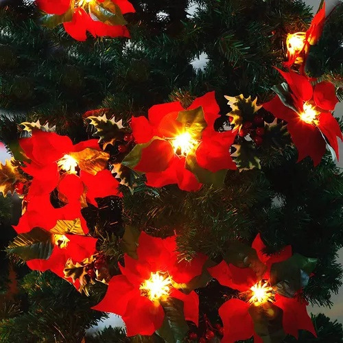 Guirnalda De Luces De Nochebuena Con Flores Navideñas