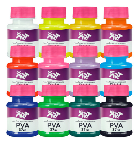 Kit C/ 12 Cores Tinta Pva Fosca Artesanato 37ml Arte Escolar Cor Colorido