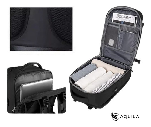 Mochila Viaje Carry On Aquila Calidad Deluxe Reforzada Color Negro Diseño De La Tela Liso
