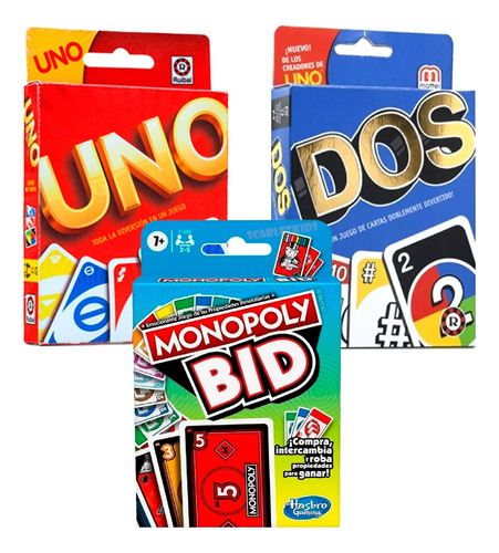 Monopoly Bid + Uno + Dos Combo Cartas Juego Mesa Orig Mattel
