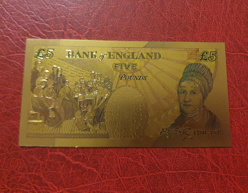 Billete Coleccionable Inglaterra 5 Libras Detalles Color Oro