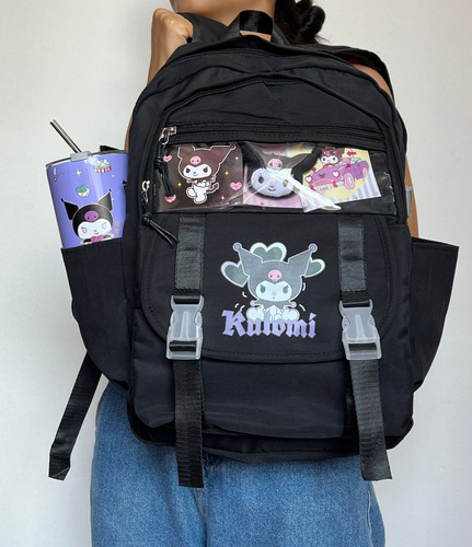 Mochilas Escolar Sanrio Kuromi, Kawai 2 Porta Vasos, 3 Cierres, Porta Lap, 4 Bolsas, Ajuste De Costado